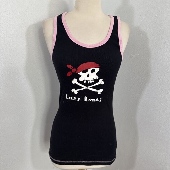 Lazy One Tank‎ Top Womens Large Black lazy bones Graphic Goth Ribbed Y2K 90s - Picture 1 of 8